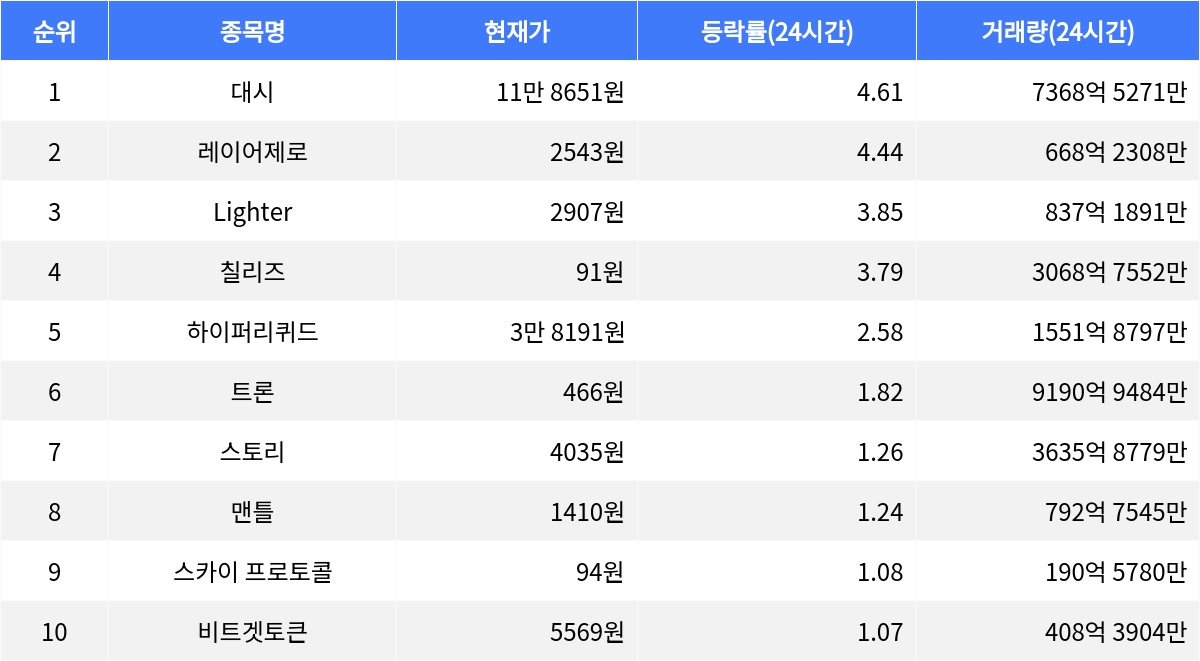 대시, 24시간 등락률 1위 등극